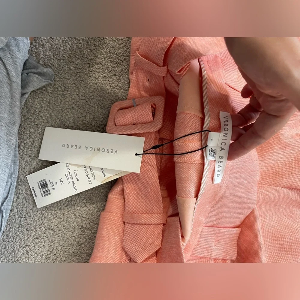 NWT Veronica Beard|| Ashford Belted Shorts in coral Size 14 linen Paper Bag